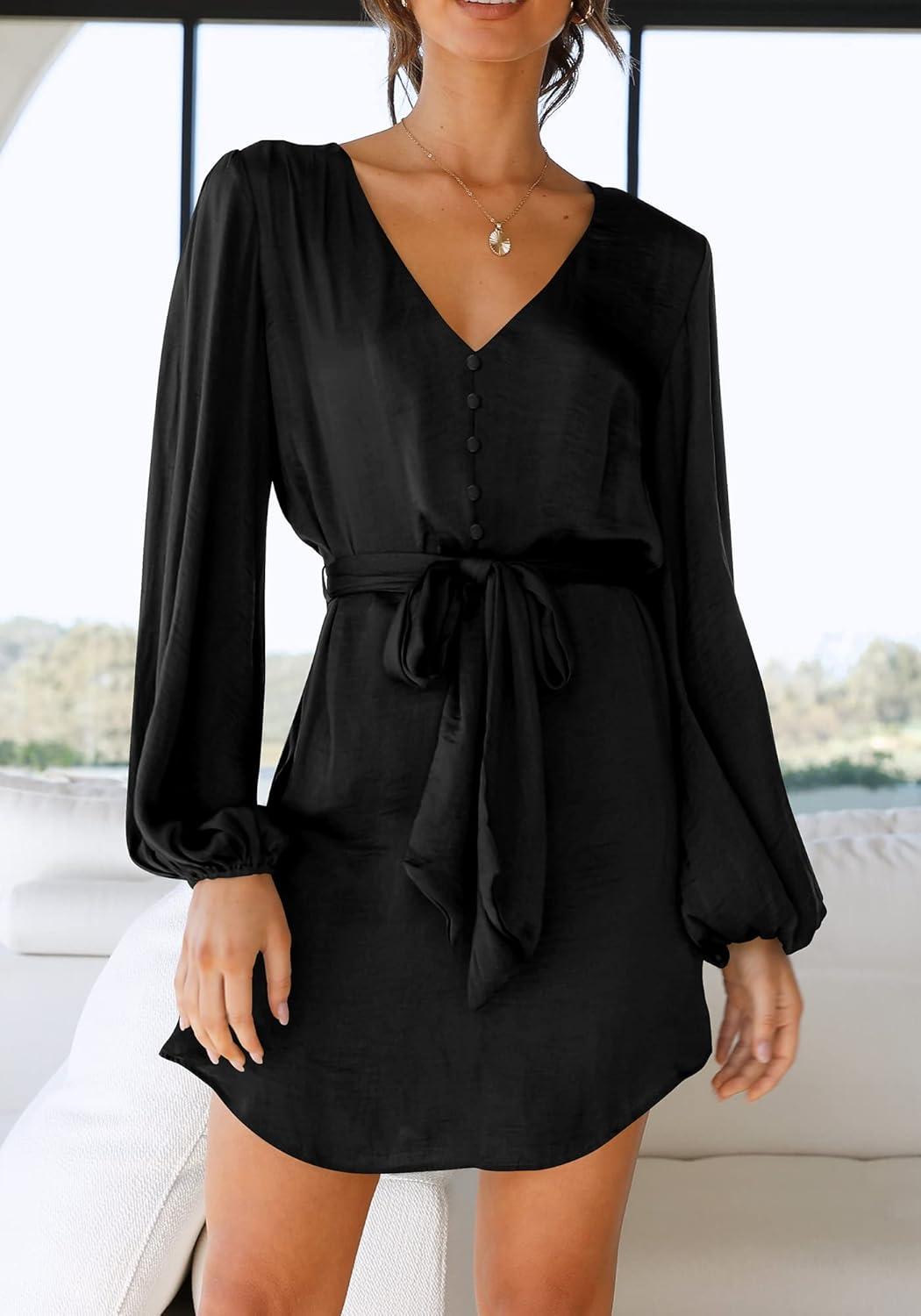 imagePRETTYGARDEN Womens Spring Long Puff Sleeve Satin Dress V Neck Cocktail Party Belted Short Formal Dresses BlackMedium