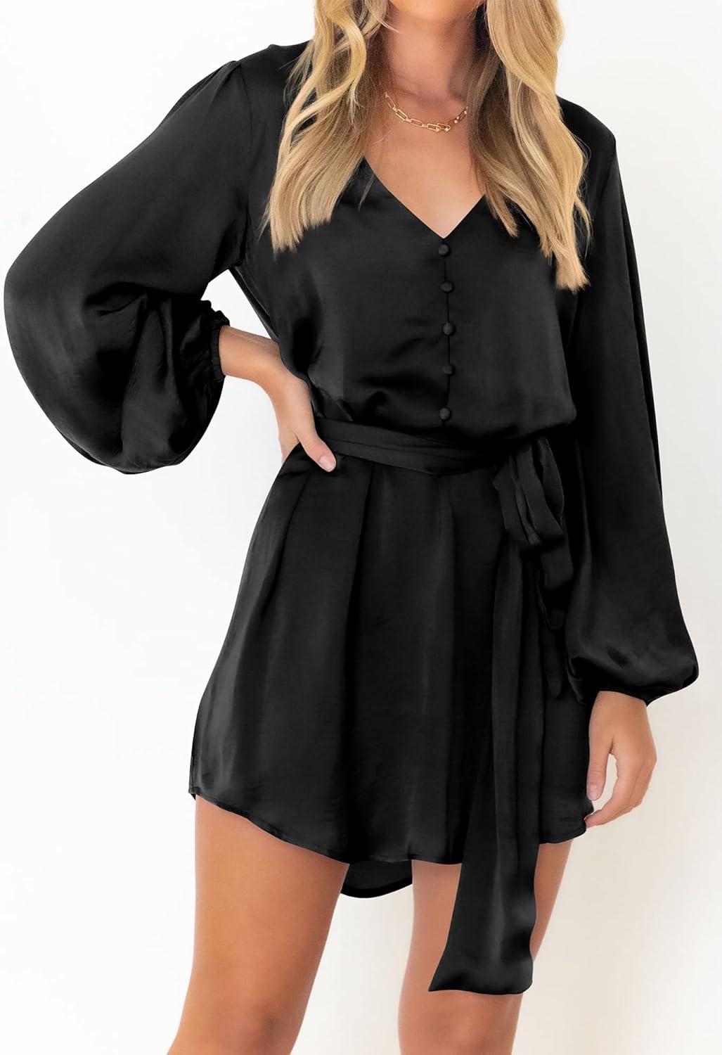 imagePRETTYGARDEN Womens Spring Long Puff Sleeve Satin Dress V Neck Cocktail Party Belted Short Formal Dresses BlackMedium