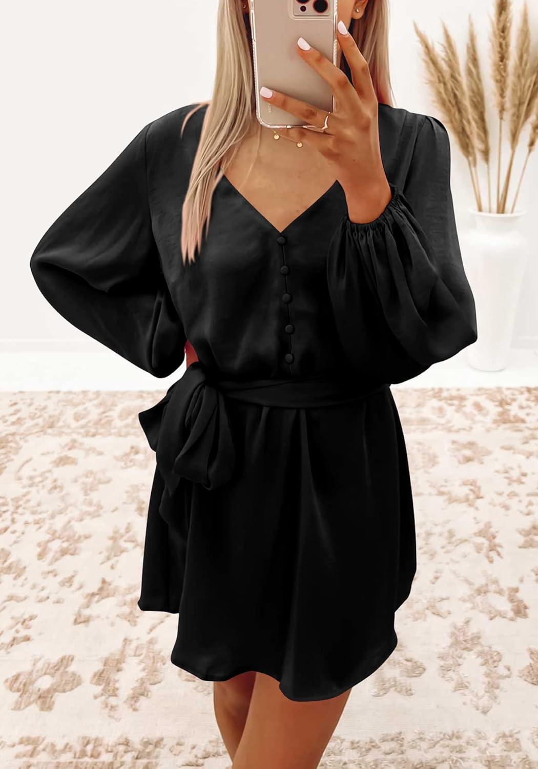 imagePRETTYGARDEN Womens Spring Long Puff Sleeve Satin Dress V Neck Cocktail Party Belted Short Formal Dresses BlackMedium