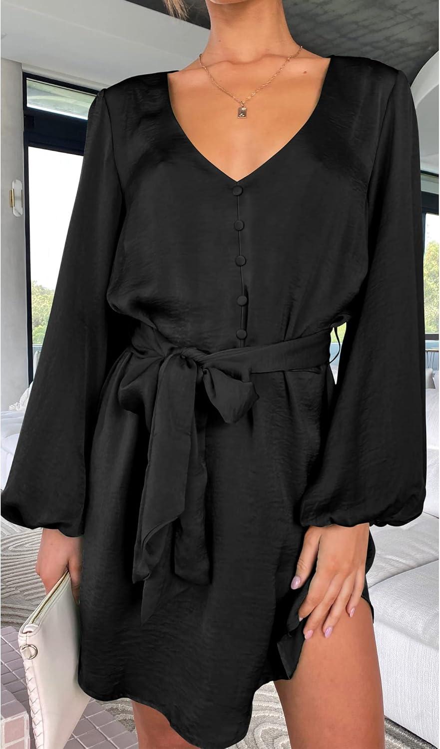 imagePRETTYGARDEN Womens Spring Long Puff Sleeve Satin Dress V Neck Cocktail Party Belted Short Formal Dresses BlackMedium