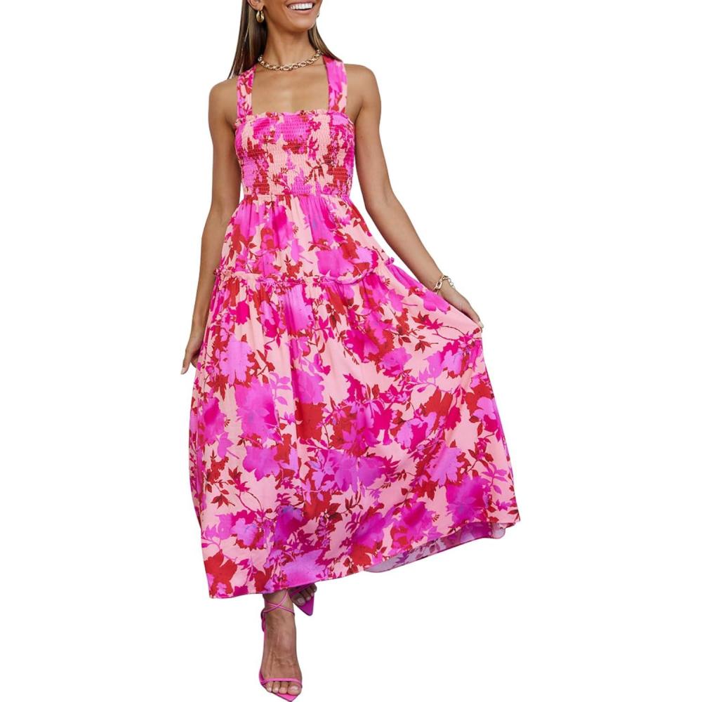 imagePRETTYGARDEN Womens 2024 Summer Maxi Dress Halter Neck Backless Ruffle Smocked Casual Long Flowy Boho Dresses Pink Rose Red FloralLarge