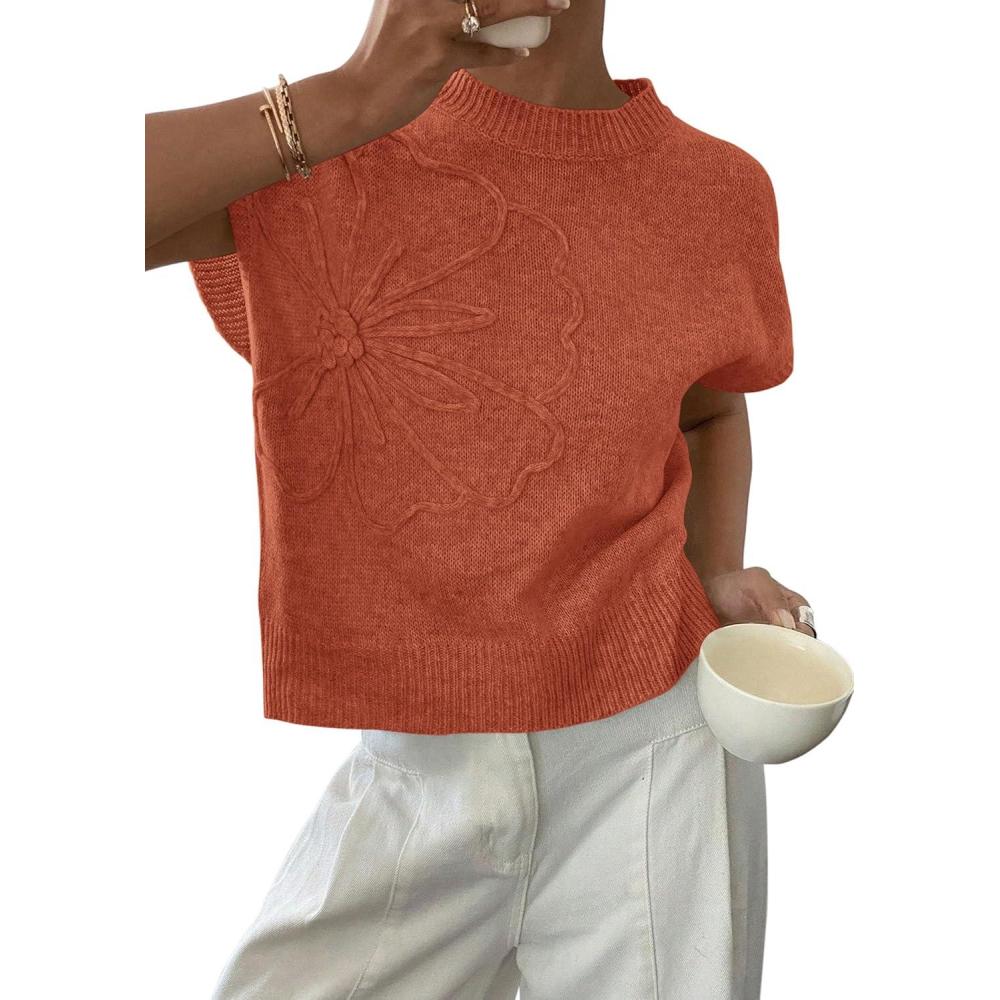 imagePRETTYGARDEN Womens 2026 Spring Sweater Vest Trendy Flower Knit Short Sleeve Cute Pullover Tank Tops Summer Fashion ClothingBurnt Orange