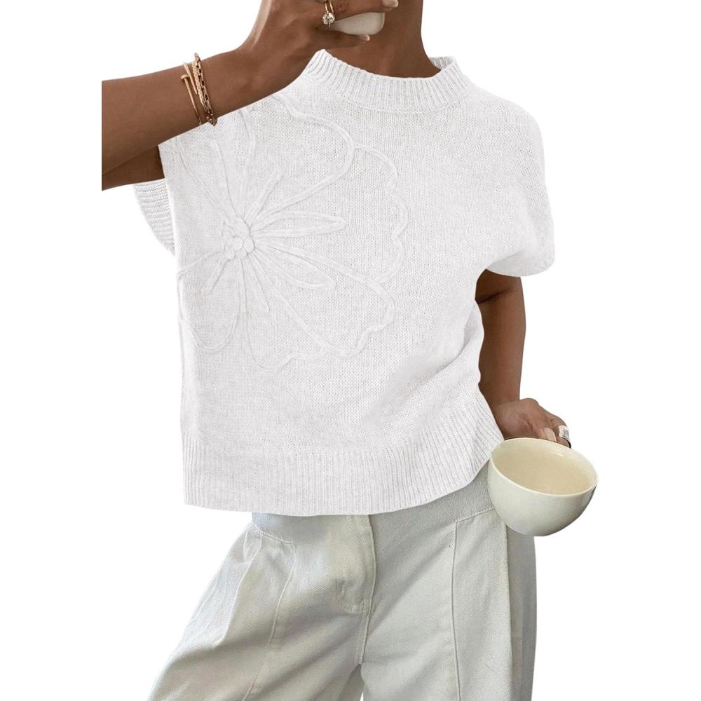 imagePRETTYGARDEN Womens 2026 Spring Sweater Vest Trendy Flower Knit Short Sleeve Cute Pullover Tank Tops Summer Fashion ClothingWhite