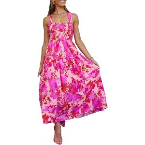 PRETTYGARDEN Women’s 2024 Summer Maxi Dress Halter Neck Backless Ruffle Smocked Casual Long Flowy Boho Dresses (Pink Rose Red Floral,Large)