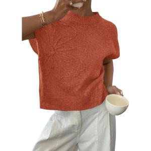 PRETTYGARDEN Women’s 2026 Spring Sweater Vest Trendy Flower Knit Short Sleeve Cute Pullover Tank Tops Summer Fashion Clothing(Burnt Orange)