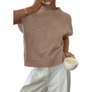 PRETTYGARDEN Women’s 2026 Spring Sweater Vest Trendy Flower Knit Short Sleeve Cute Pullover Tank Tops Summer Fashion Clothing(Grey Khaki)