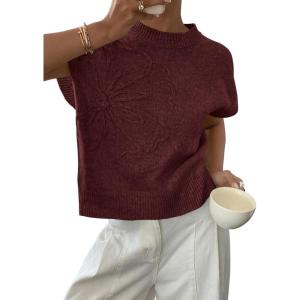 PRETTYGARDEN Women’s 2026 Spring Sweater Vest Trendy Flower Knit Short Sleeve Cute Pullover Tank Tops Summer Fashion Clothing(Red Brown)