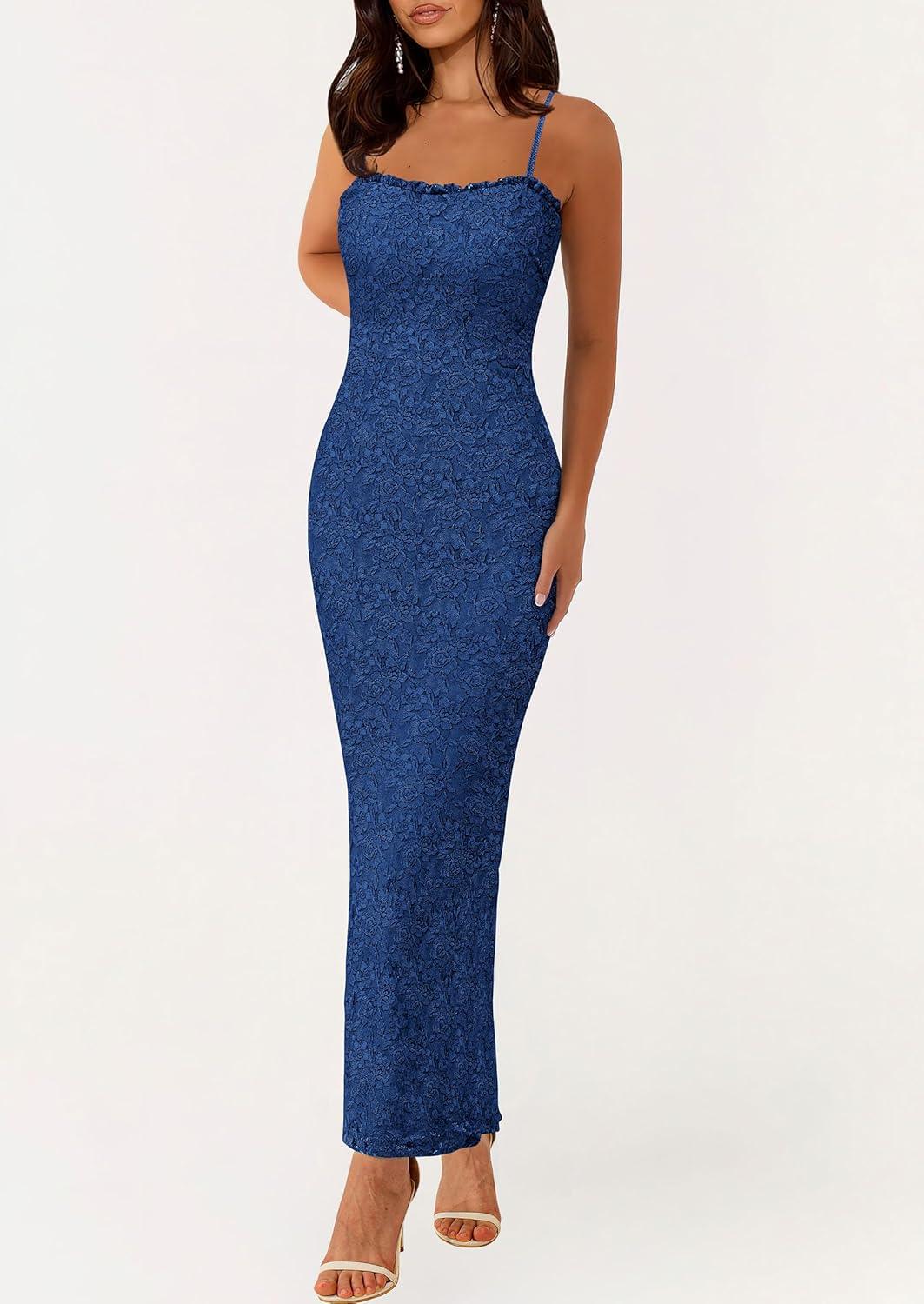 imagePRETTYGARDEN Summer Dresses for Women 2026 Lace Floral Bodycon Semi Formal Party Wedding Guest Boho Maxi DressDark BlueSmall