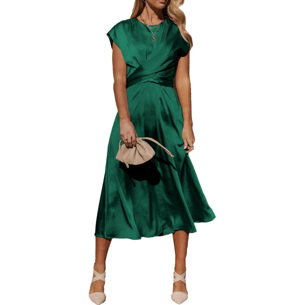 imagePRETTYGARDEN Womens 2024 Summer Satin Midi Dress Cap Sleeve Tie Waist Elegant ALine Flowy Dresses Dark GreenLarge