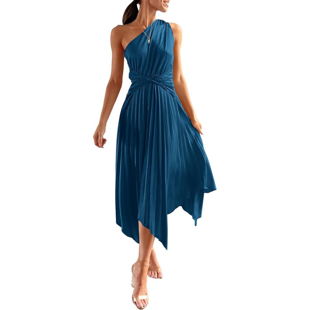 imagePRETTYGARDEN Womens Summer Long Satin Dress One Shoulder Sleeveless Ruched Twist Flowy Maxi Dresses