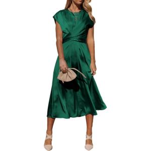 PRETTYGARDEN Women’s 2024 Summer Satin Midi Dress Cap Sleeve Tie Waist Elegant A-Line Flowy Dresses (Dark Green,Large)
