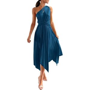 PRETTYGARDEN Women’s Summer Long Satin Dress One Shoulder Sleeveless Ruched Twist Flowy Maxi Dresses