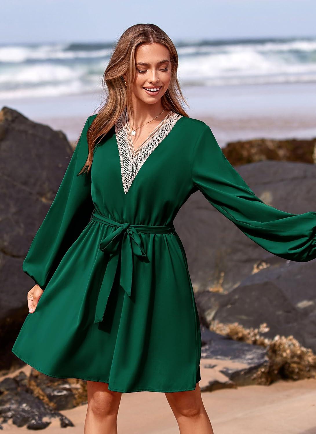 imagePRETTYGARDEN Womens 2024 Casual Fall Dress Long Sleeve Lace Trim V Neck Belted Short A Line Flowy Dress Dark GreenLarge
