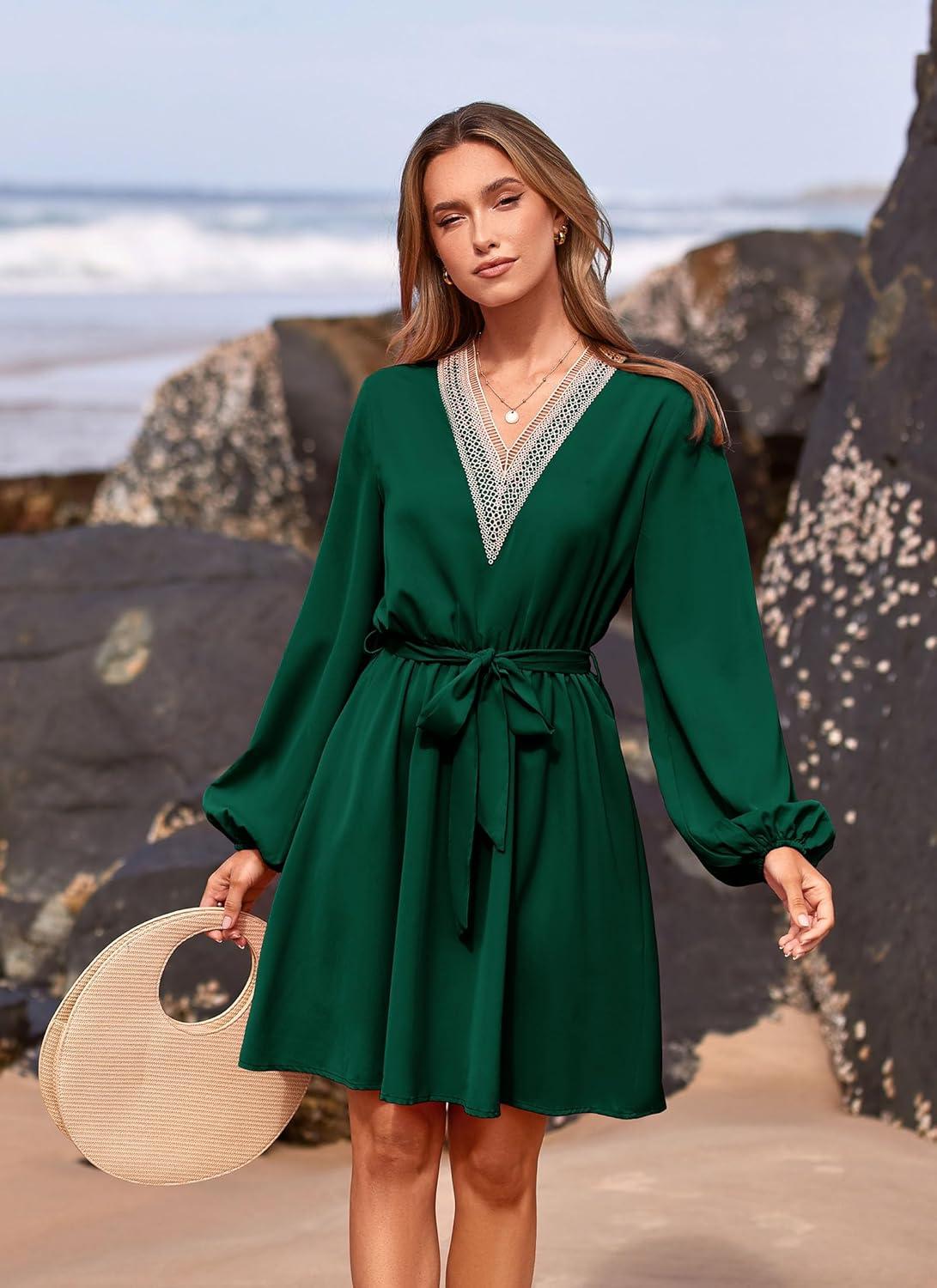 imagePRETTYGARDEN Womens 2024 Casual Fall Dress Long Sleeve Lace Trim V Neck Belted Short A Line Flowy Dress Dark GreenLarge