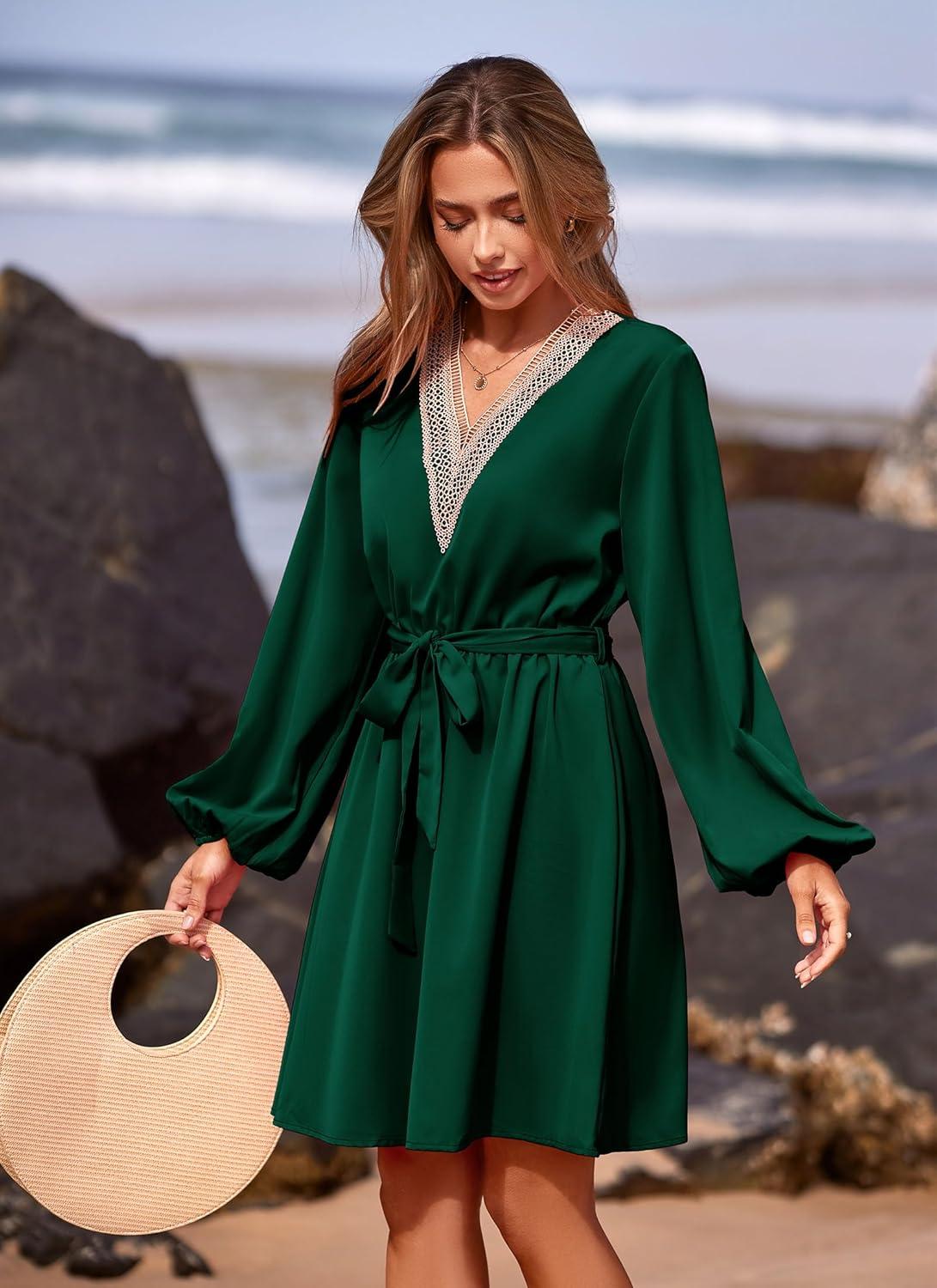 imagePRETTYGARDEN Womens 2024 Casual Fall Dress Long Sleeve Lace Trim V Neck Belted Short A Line Flowy Dress Dark GreenLarge
