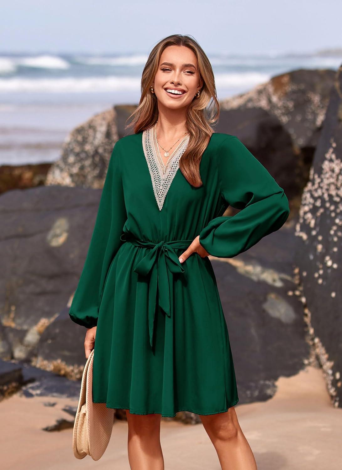 imagePRETTYGARDEN Womens 2024 Casual Fall Dress Long Sleeve Lace Trim V Neck Belted Short A Line Flowy Dress Dark GreenLarge