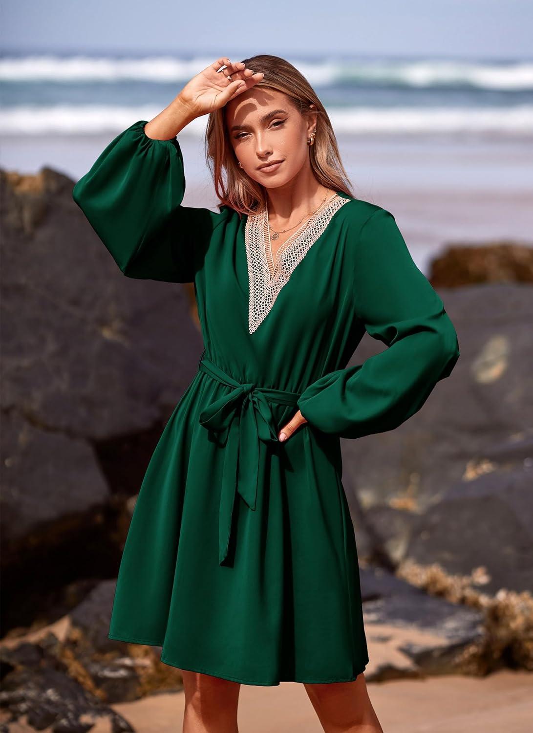 imagePRETTYGARDEN Womens 2024 Casual Fall Dress Long Sleeve Lace Trim V Neck Belted Short A Line Flowy Dress Dark GreenLarge
