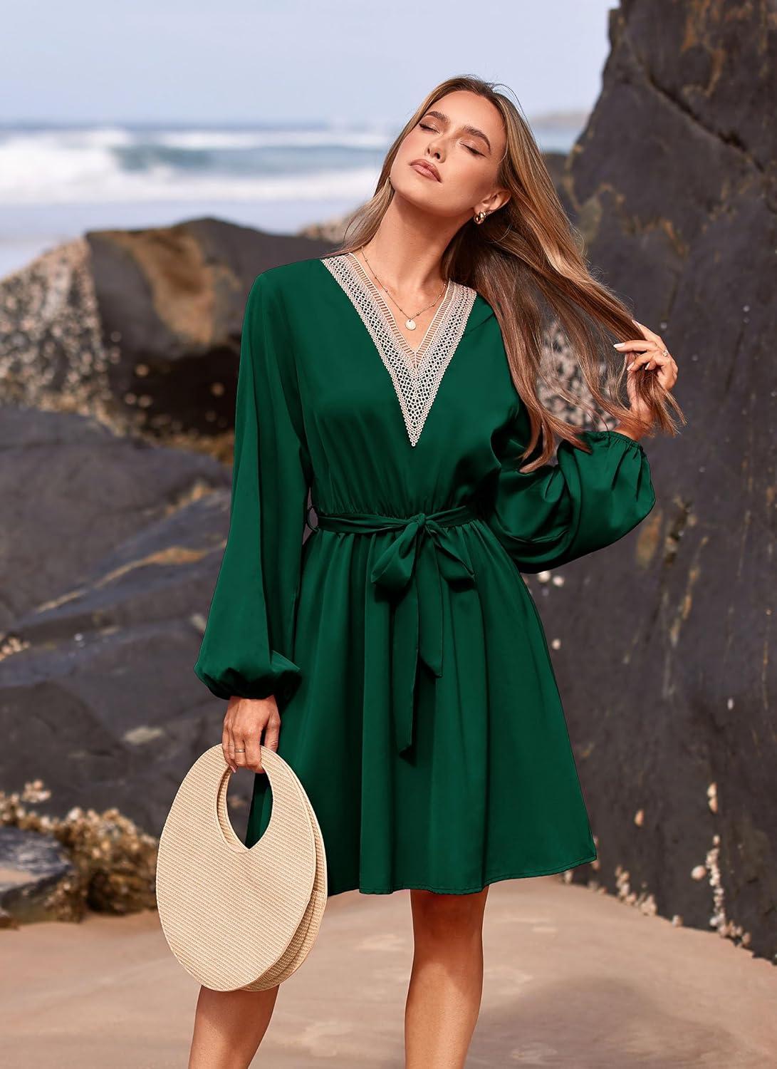 imagePRETTYGARDEN Womens 2024 Casual Fall Dress Long Sleeve Lace Trim V Neck Belted Short A Line Flowy Dress Dark GreenLarge