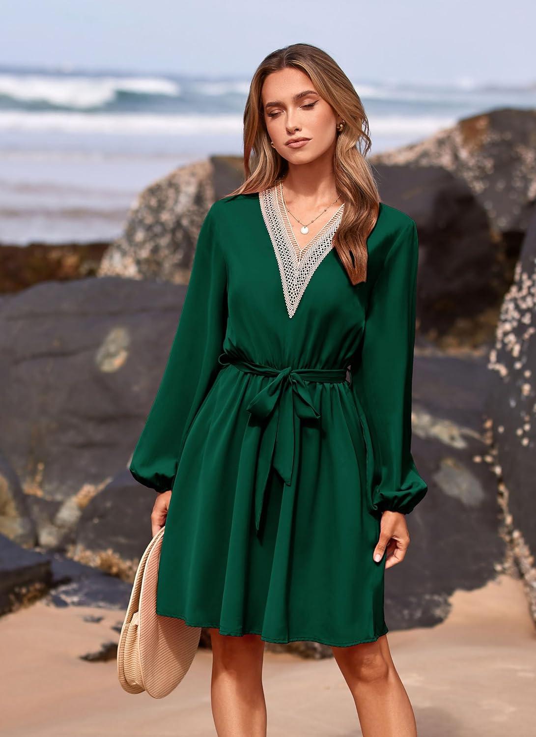 imagePRETTYGARDEN Womens 2024 Casual Fall Dress Long Sleeve Lace Trim V Neck Belted Short A Line Flowy Dress Dark GreenLarge