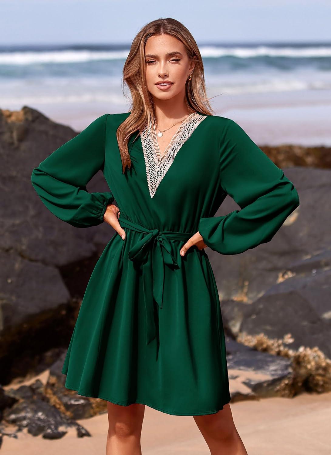 imagePRETTYGARDEN Womens 2024 Casual Fall Dress Long Sleeve Lace Trim V Neck Belted Short A Line Flowy Dress Dark GreenLarge