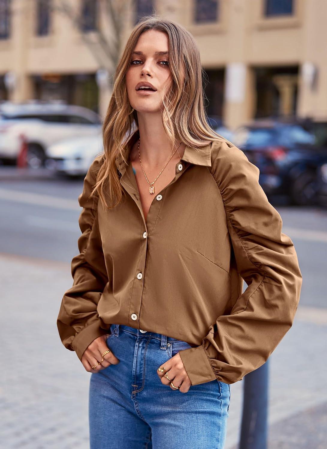 imagePRETTYGARDEN Womens 2024 Fall Fashion Button Down Shirts Ruched Long Sleeve Business Casual Blouse Tops BrownMedium