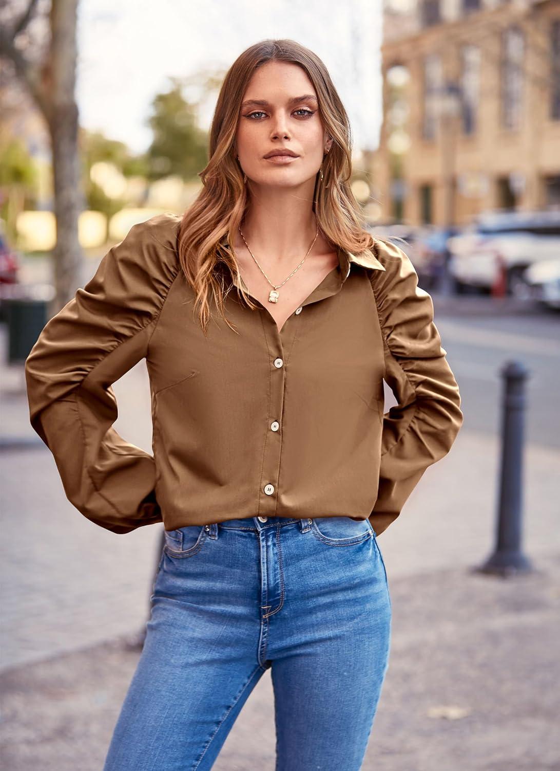 imagePRETTYGARDEN Womens 2024 Fall Fashion Button Down Shirts Ruched Long Sleeve Business Casual Blouse Tops BrownMedium