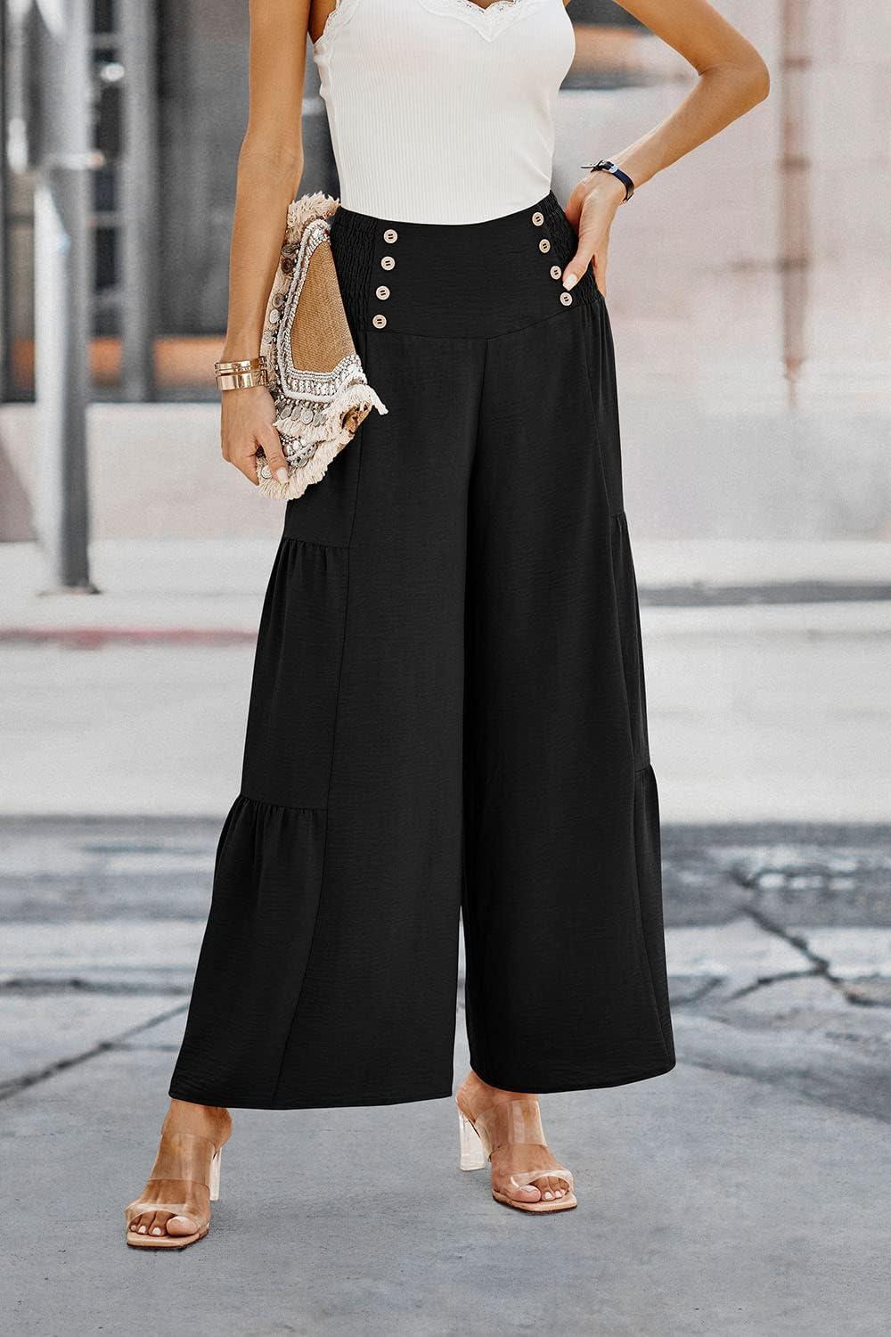 imagePRETTYGARDEN Womens Casual Long Palazzo Pants Elastic High Waist Wide Leg Loose Lounge Trousers BlackMedium
