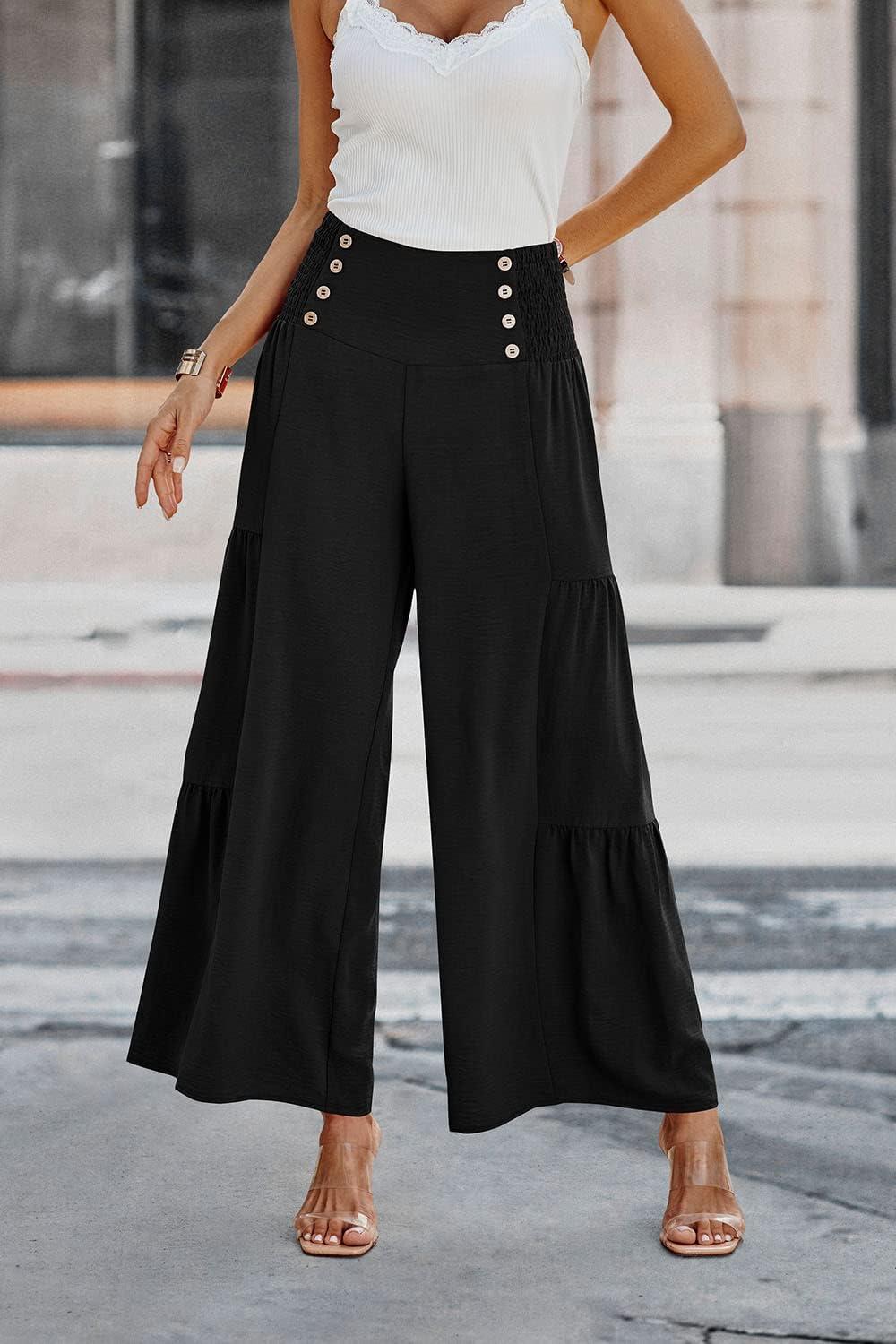 imagePRETTYGARDEN Womens Casual Long Palazzo Pants Elastic High Waist Wide Leg Loose Lounge Trousers BlackMedium