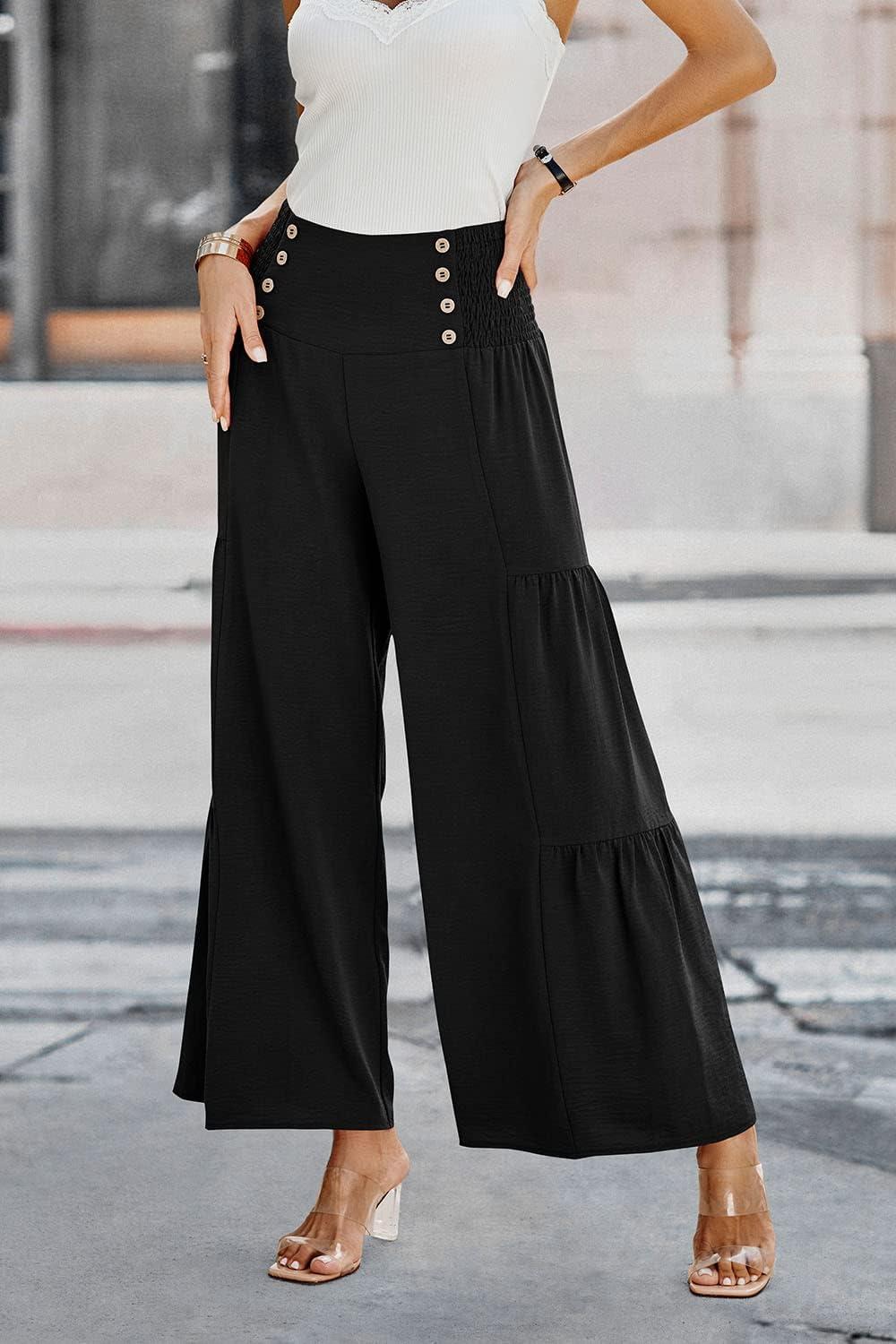 imagePRETTYGARDEN Womens Casual Long Palazzo Pants Elastic High Waist Wide Leg Loose Lounge Trousers BlackMedium