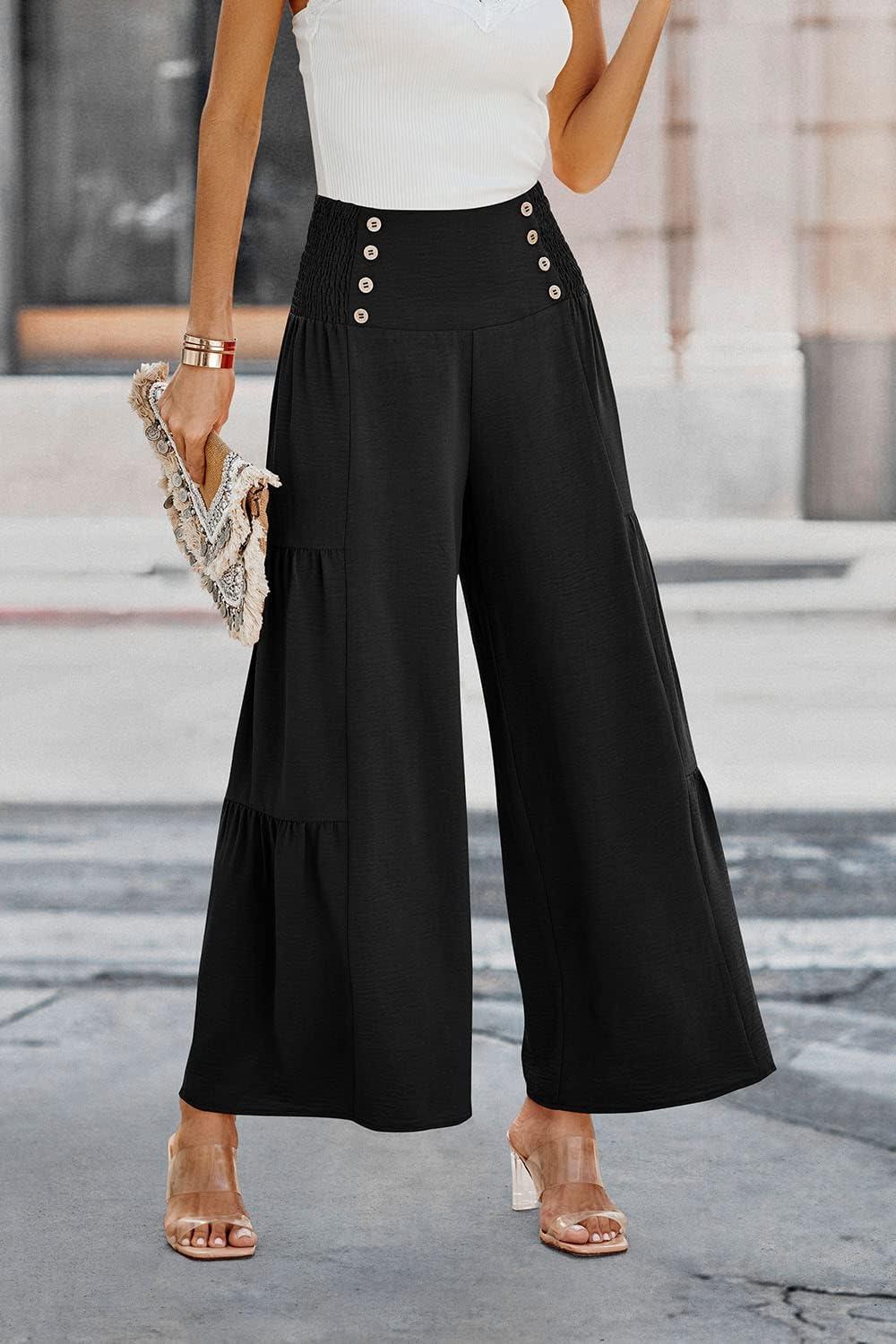 imagePRETTYGARDEN Womens Casual Long Palazzo Pants Elastic High Waist Wide Leg Loose Lounge Trousers BlackMedium