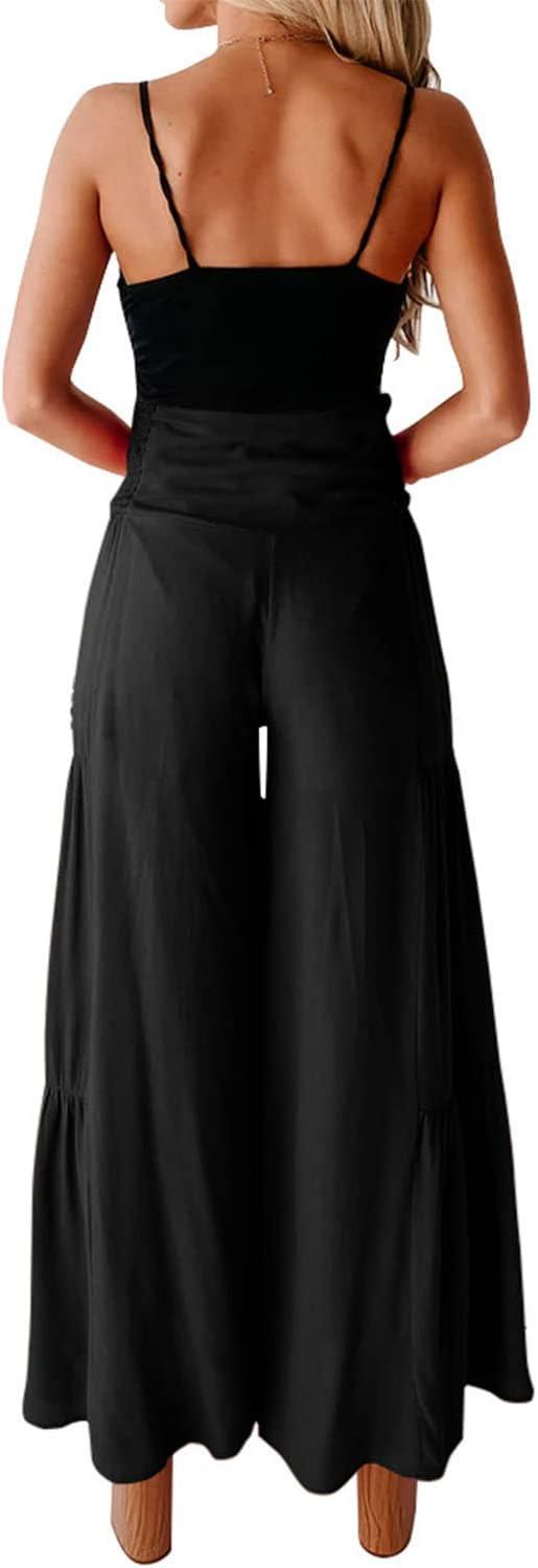 imagePRETTYGARDEN Womens Casual Long Palazzo Pants Elastic High Waist Wide Leg Loose Lounge Trousers BlackMedium