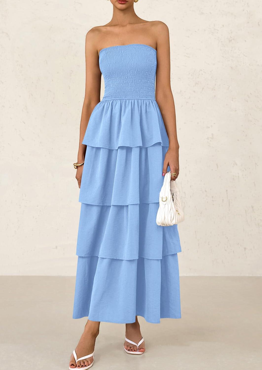 imagePRETTYGARDEN Womens Maxi Dress 2025 Summer Off Shoulder Smocked Tiered Ruffle Long Flowy Dresses Casual Beach Sundress BlueSmall