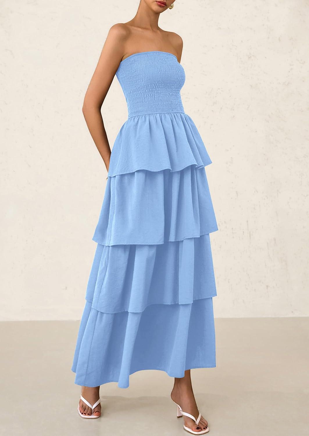 imagePRETTYGARDEN Womens Maxi Dress 2025 Summer Off Shoulder Smocked Tiered Ruffle Long Flowy Dresses Casual Beach Sundress BlueSmall