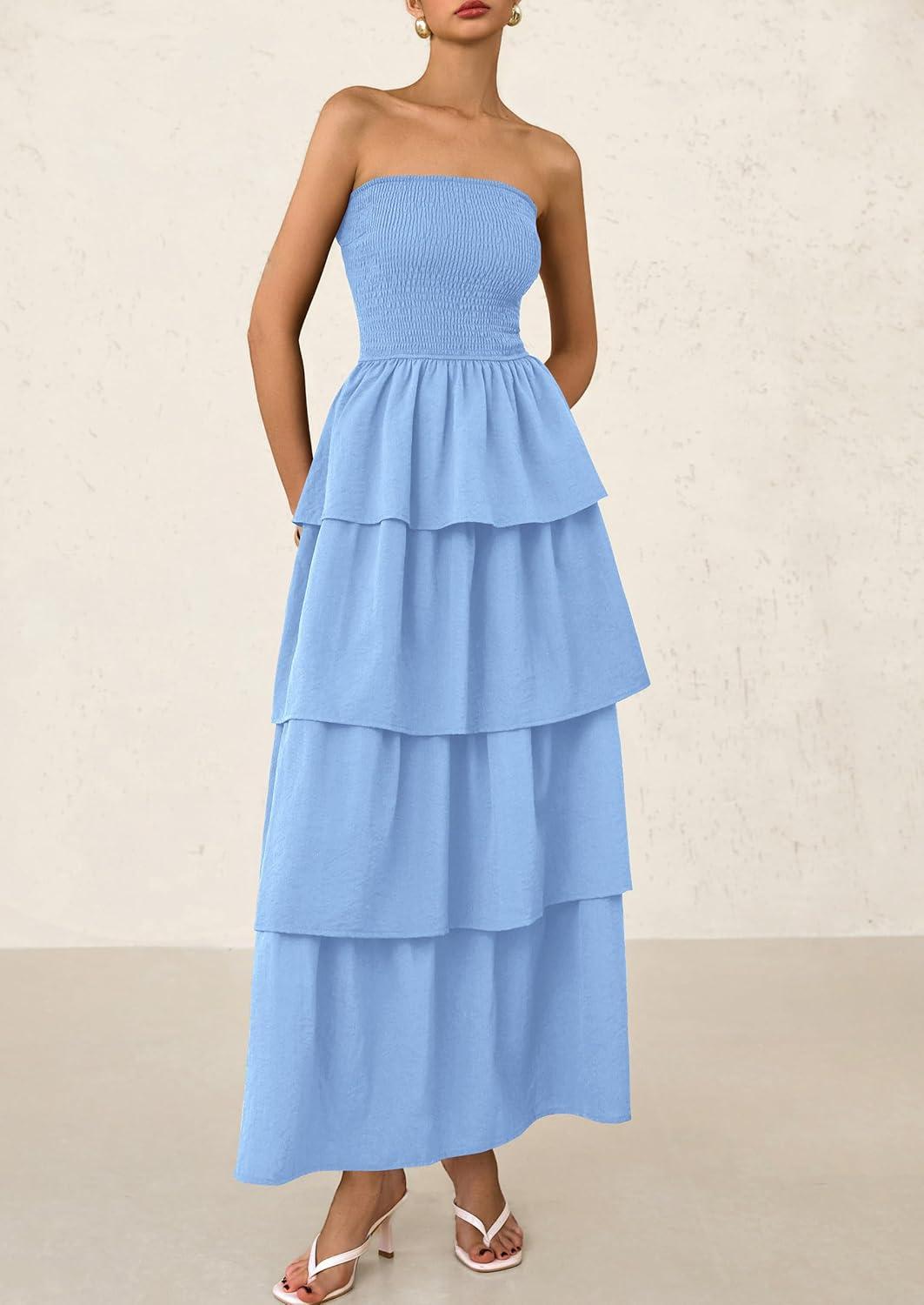 imagePRETTYGARDEN Womens Maxi Dress 2025 Summer Off Shoulder Smocked Tiered Ruffle Long Flowy Dresses Casual Beach Sundress BlueSmall