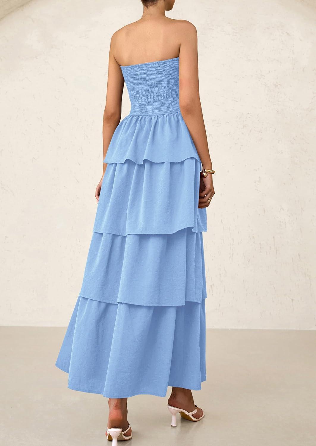 imagePRETTYGARDEN Womens Maxi Dress 2025 Summer Off Shoulder Smocked Tiered Ruffle Long Flowy Dresses Casual Beach Sundress BlueSmall