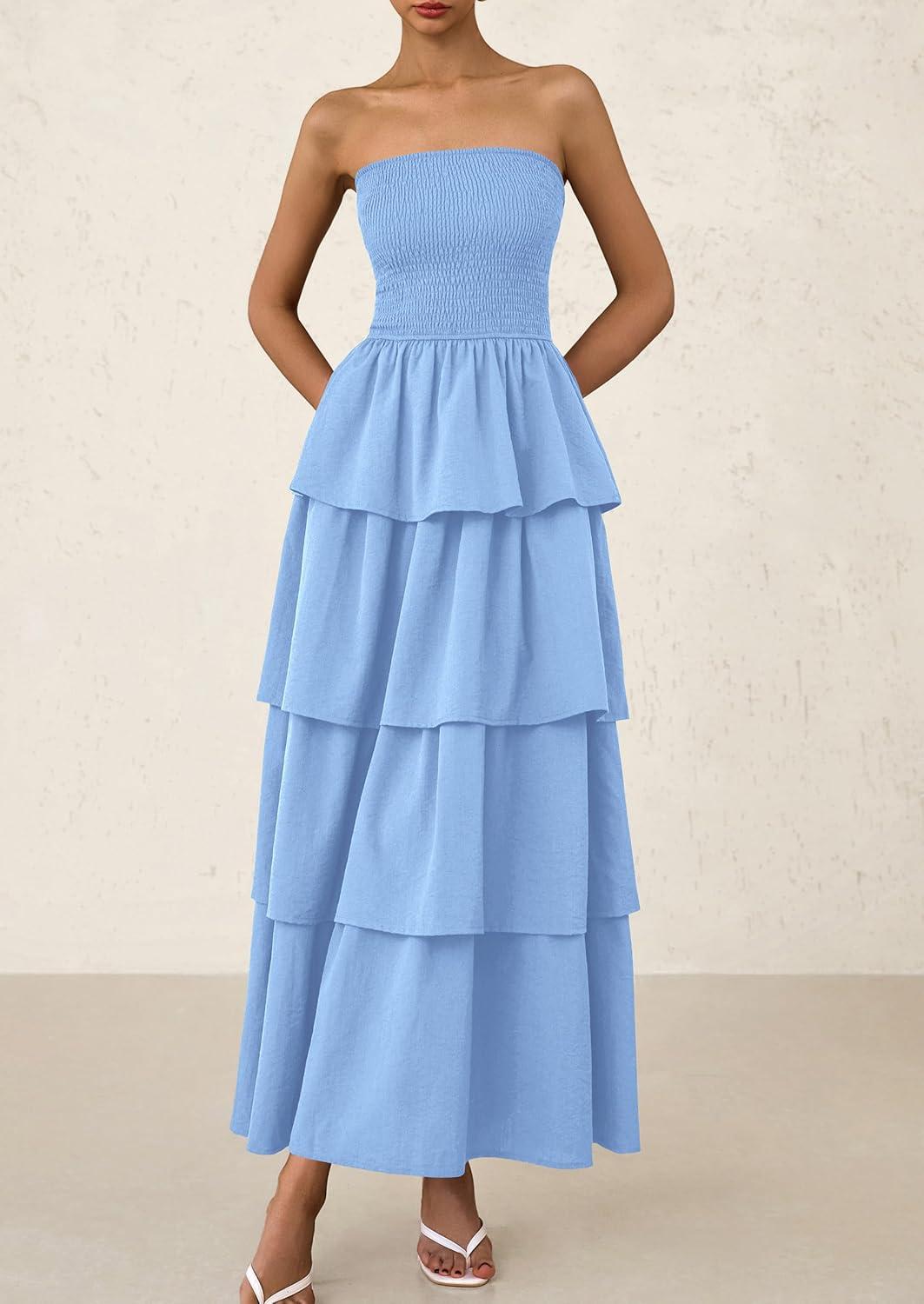 imagePRETTYGARDEN Womens Maxi Dress 2025 Summer Off Shoulder Smocked Tiered Ruffle Long Flowy Dresses Casual Beach Sundress BlueSmall