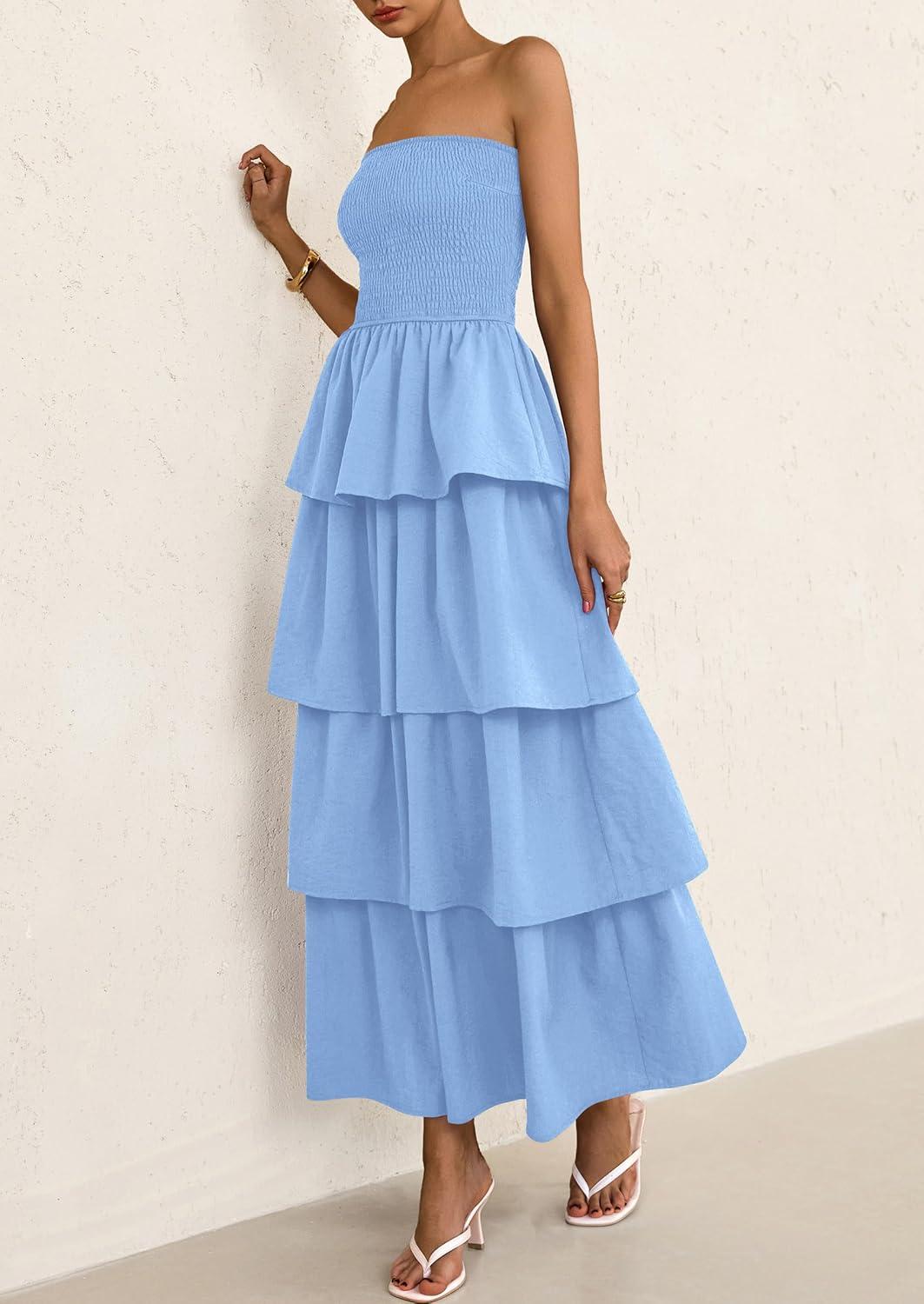 imagePRETTYGARDEN Womens Maxi Dress 2025 Summer Off Shoulder Smocked Tiered Ruffle Long Flowy Dresses Casual Beach Sundress BlueSmall