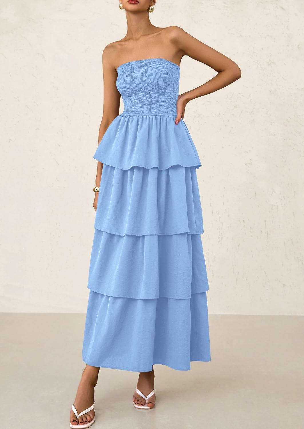 imagePRETTYGARDEN Womens Maxi Dress 2025 Summer Off Shoulder Smocked Tiered Ruffle Long Flowy Dresses Casual Beach Sundress BlueSmall