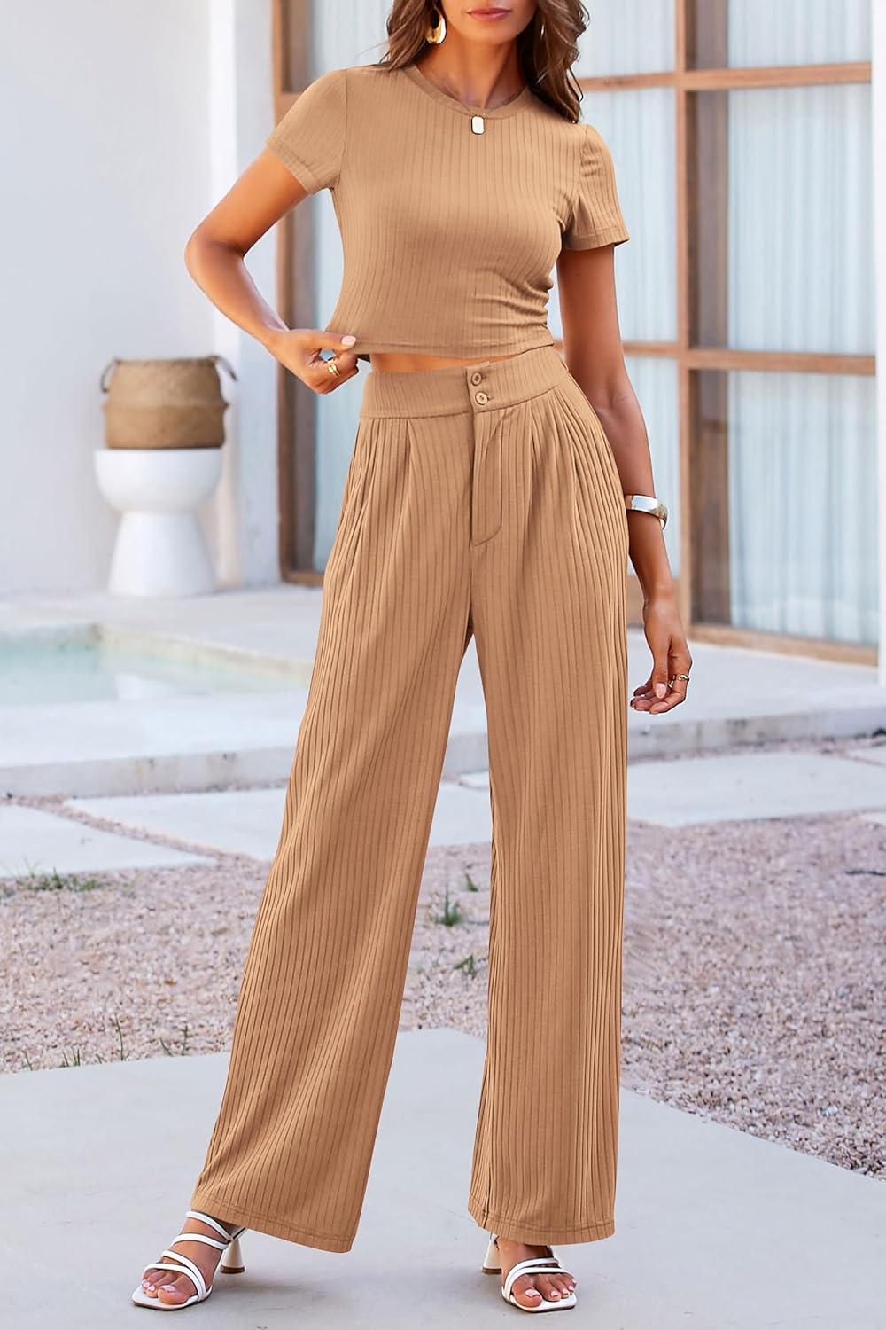 imagePRETTYGARDEN Womens Summer Knit 2 Piece Outfit Short Sleeve Crop Tee Tops Wide Leg Pants Set Tracksuit Loungewear