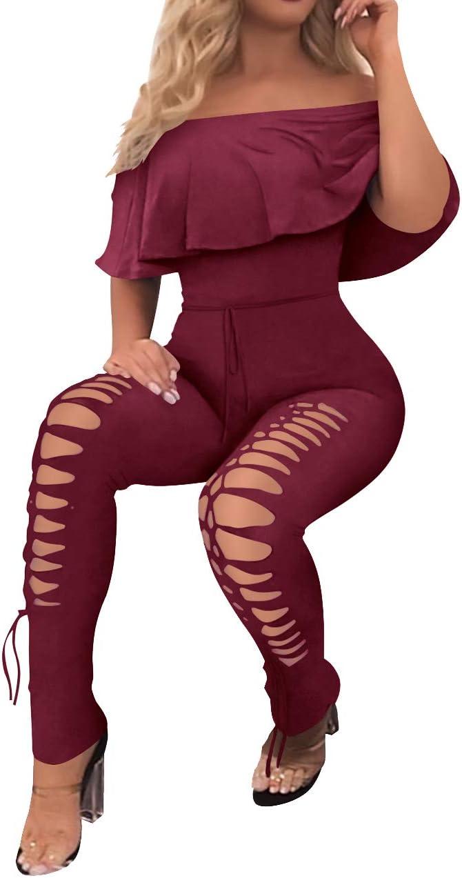 imagePRETTYGARDEN Womens Summer Off Shoulder Bodycon Jumpsuit Rompers Ruffle Sleeve Hollow Out Sexy Club Outfits
