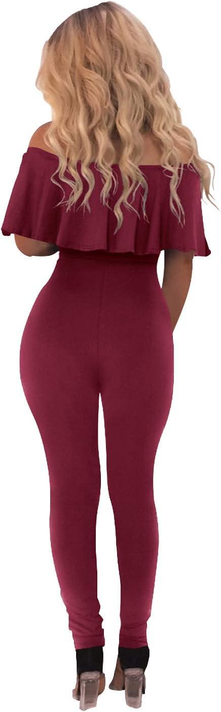 imagePRETTYGARDEN Womens Summer Off Shoulder Bodycon Jumpsuit Rompers Ruffle Sleeve Hollow Out Sexy Club Outfits