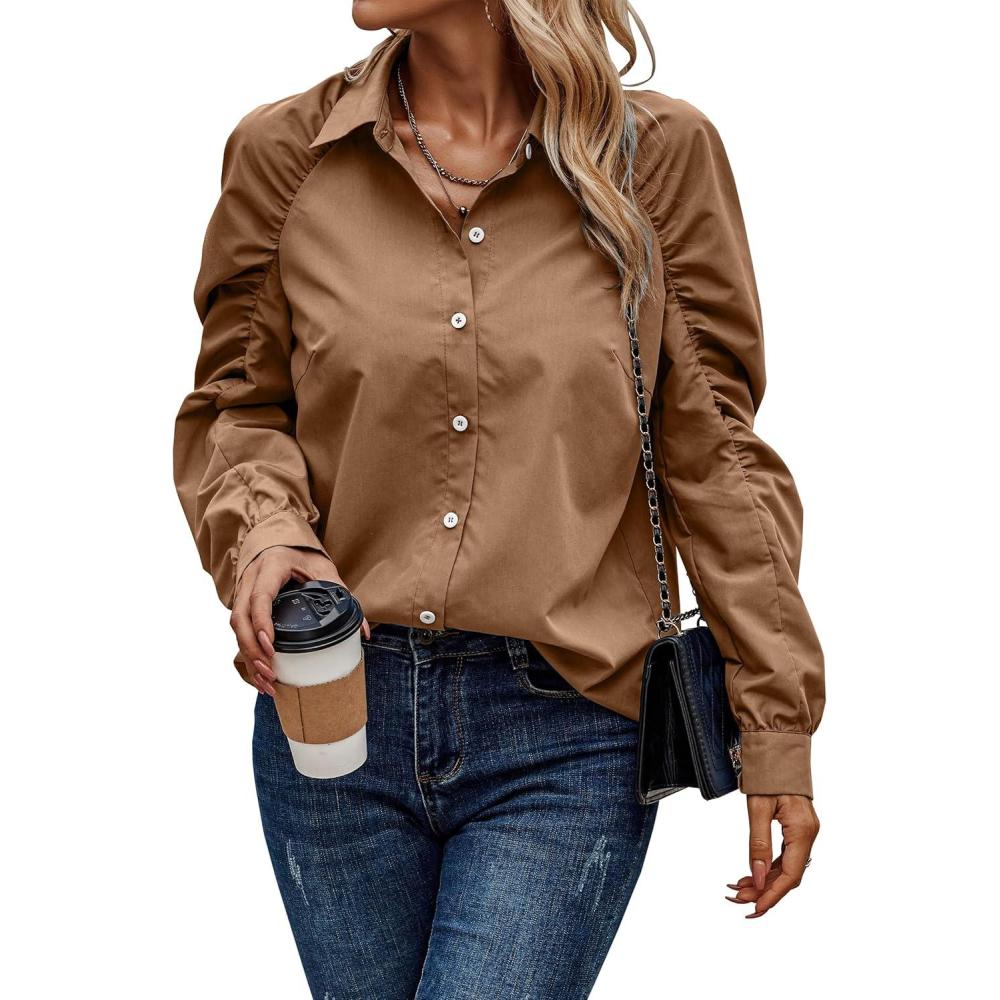 imagePRETTYGARDEN Womens 2024 Fall Fashion Button Down Shirts Ruched Long Sleeve Business Casual Blouse Tops BrownMedium