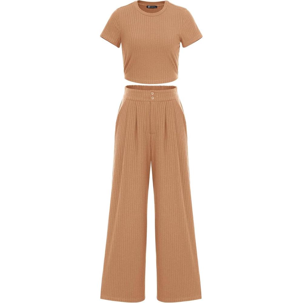 imagePRETTYGARDEN Womens Summer Knit 2 Piece Outfit Short Sleeve Crop Tee Tops Wide Leg Pants Set Tracksuit Loungewear