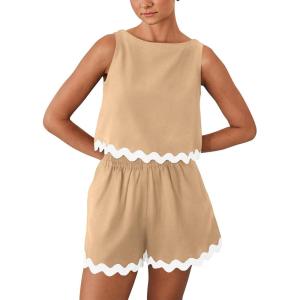 PRETTYGARDEN Women’s 2 Piece Beach Vacation Outfits Casual Cropped Tank Top High Waist Shorts Set Tracksuit (Khaki,Large)