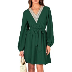 PRETTYGARDEN Women’s 2024 Casual Fall Dress Long Sleeve Lace Trim V Neck Belted Short A Line Flowy Dress (Dark Green,Large)