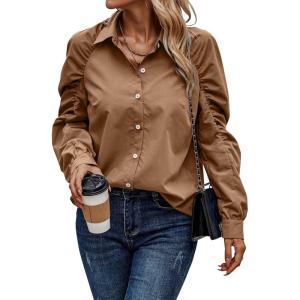 PRETTYGARDEN Women’s 2024 Fall Fashion Button Down Shirts Ruched Long Sleeve Business Casual Blouse Tops (Brown,Medium)