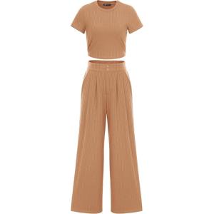 PRETTYGARDEN Women’s Summer Knit 2 Piece Outfit Short Sleeve Crop Tee Tops Wide Leg Pants Set Tracksuit Loungewear