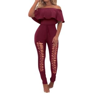 PRETTYGARDEN Women’s Summer Off Shoulder Bodycon Jumpsuit Rompers Ruffle Sleeve Hollow Out Sexy Club Outfits