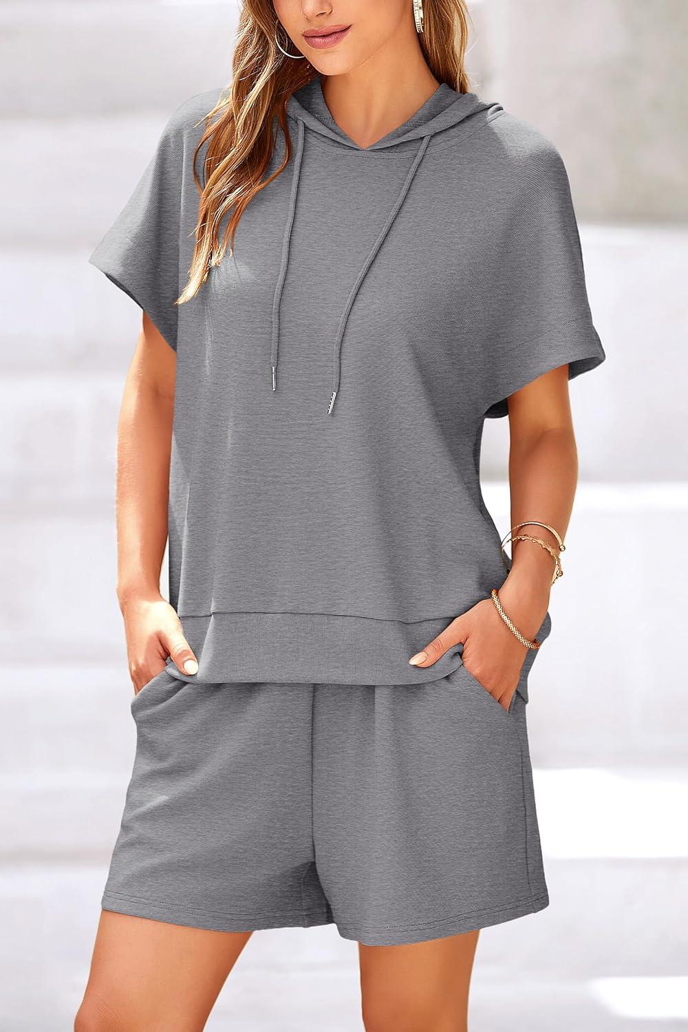 imagePRETTYGARDEN Women 2 Piece Outfits Tracksuit Cap Sleeve Hooded Sweatshirt High Waist Shorts Sweatsuits Set GreyXLarge