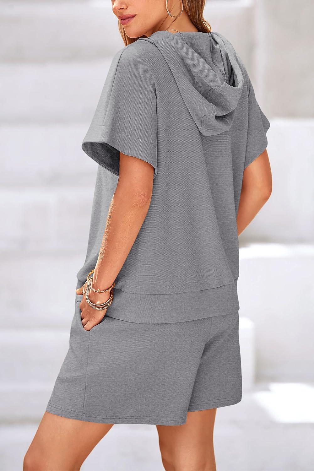 imagePRETTYGARDEN Women 2 Piece Outfits Tracksuit Cap Sleeve Hooded Sweatshirt High Waist Shorts Sweatsuits Set GreyXLarge